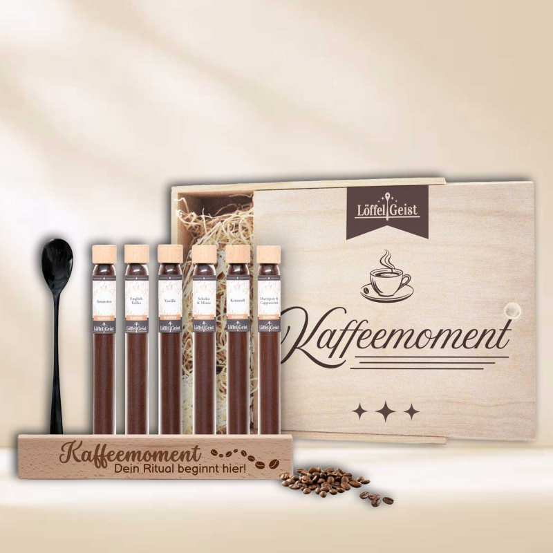 Kaffee-Geschenkset Kaffeemoment in edler Holzbox